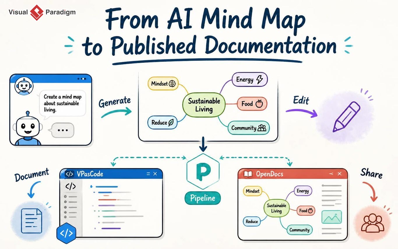 AI mind map workflow from chatbot to Pipeline, VPasCode, and OpenDocs