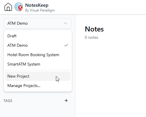 To create a new project in Visual Paradigm NotesKeep