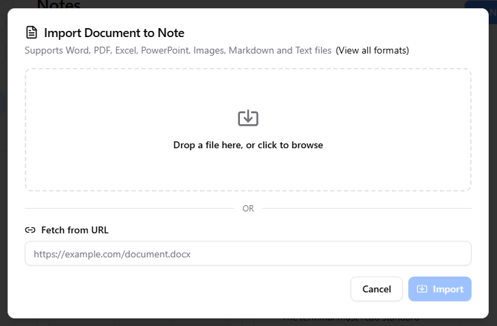 The import pane of NotesKeep for importing file or fetching URL as notes