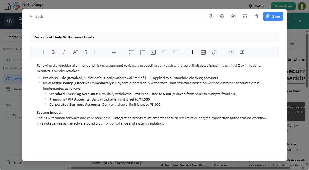 Creating a note that documents a change of product requirement