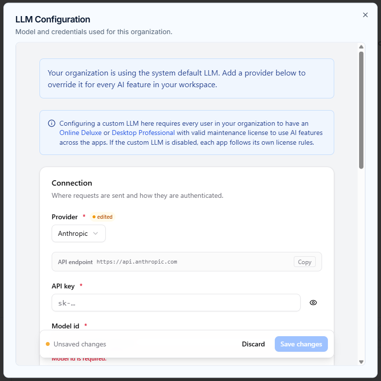 The LLM configuration screen that allows you to specify a custom AI endpoint to use Visual Paradigm's AI features