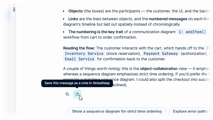 To keep the Chatbot's reply as a note in Visual Paradigm NotesKeep