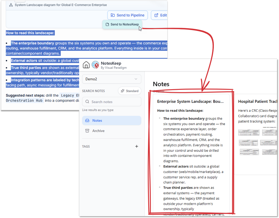Keeping a part of a reply in AI Diagramming Chatbot as note in Visual Paradigm NotesKeep