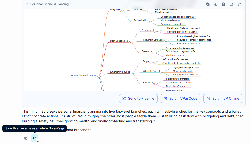 To save a chatbot's reply as a note in Visual Paradigm's NotesKeep