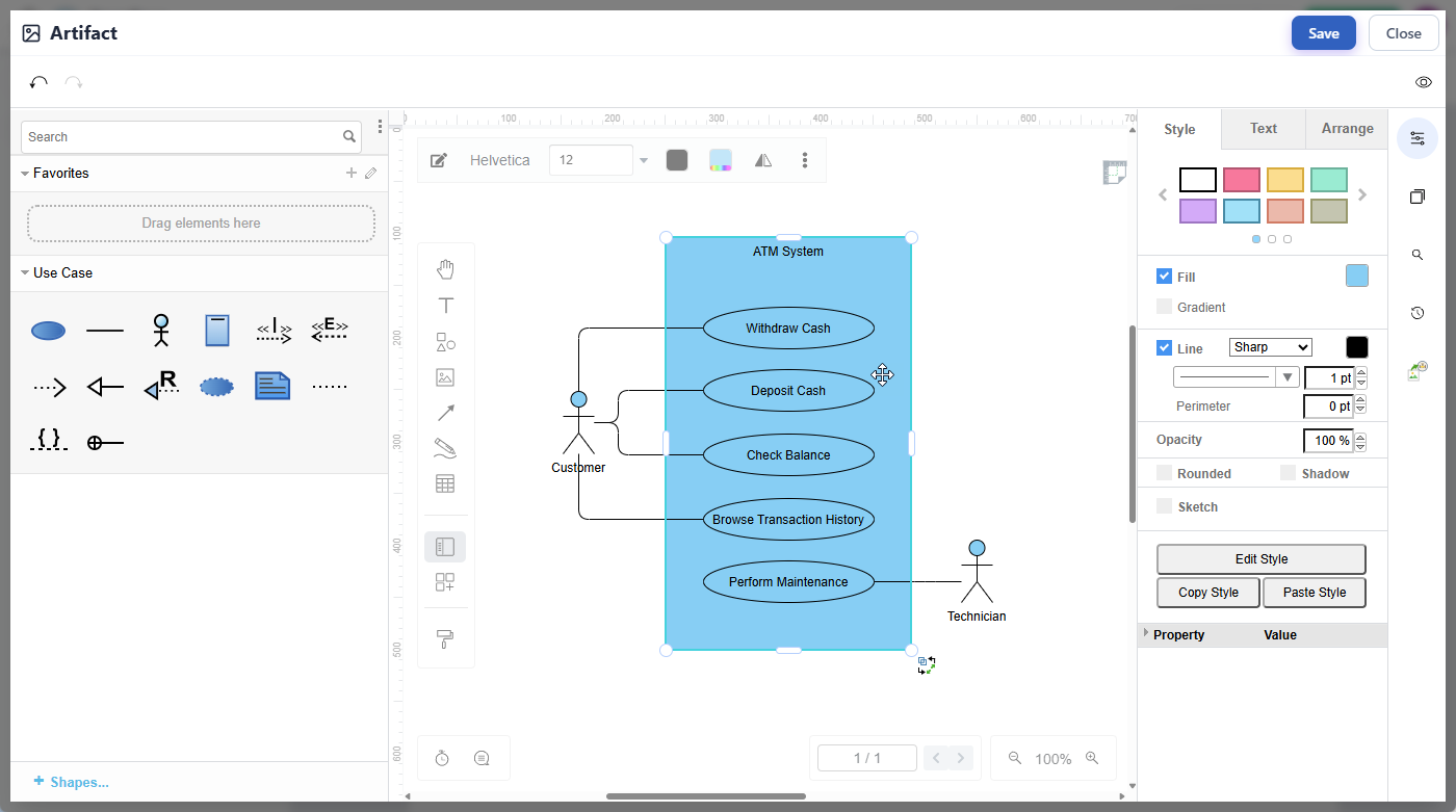 A use case diagram is created in Web Diagram Studio's diagram editor.
