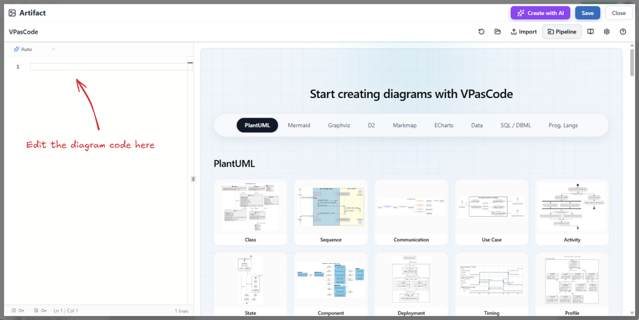 VPasCode user interface. The left hand side shows the code editor (empty). The right hand side lists the available diagram example (click to load).