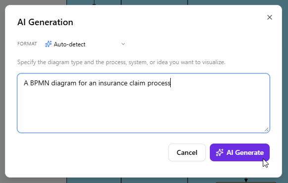 Entered a BPMN diagram generation prompt to generate diagram with AI