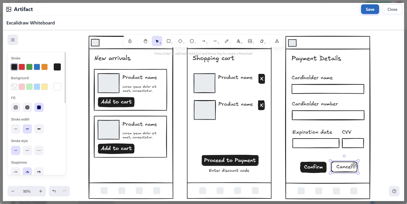 Created a wireframe of an app using Excalidraw
