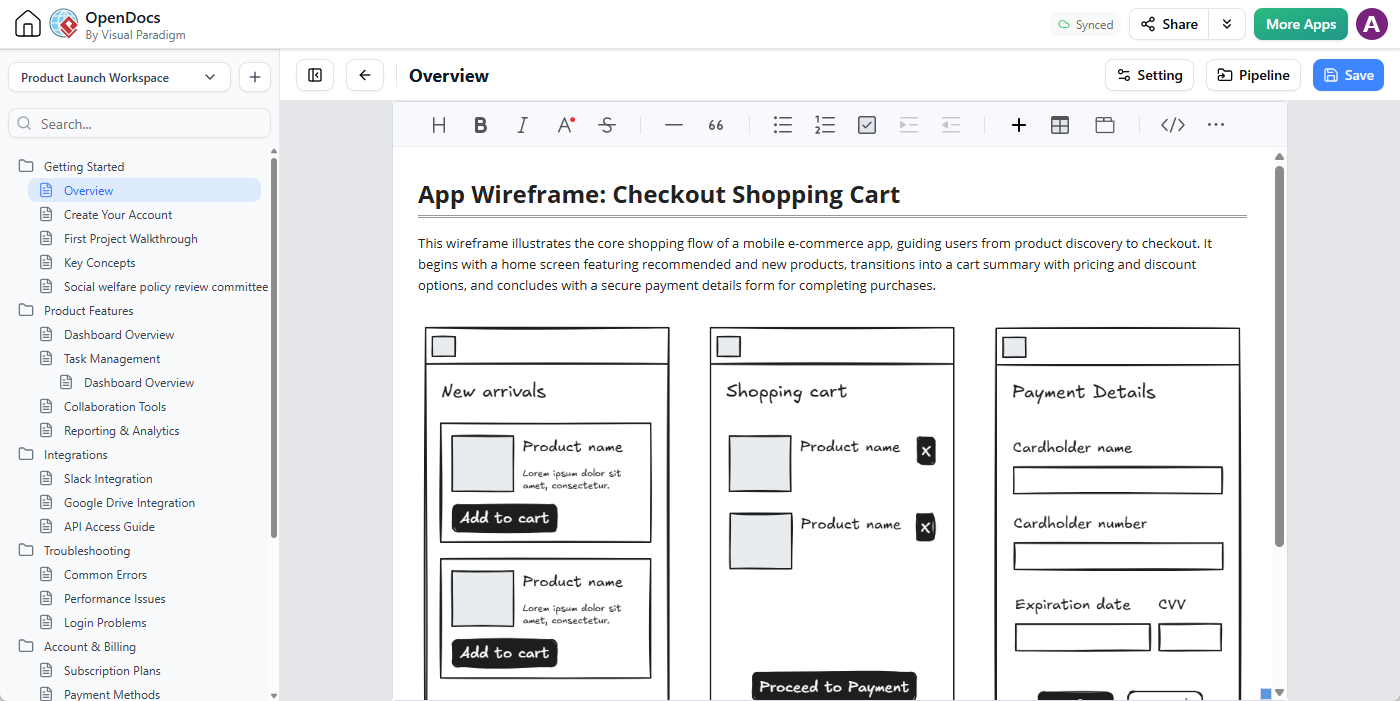 A wireframe created with Excalidraw embedded in a Visual Paradigm's OpenDocs page