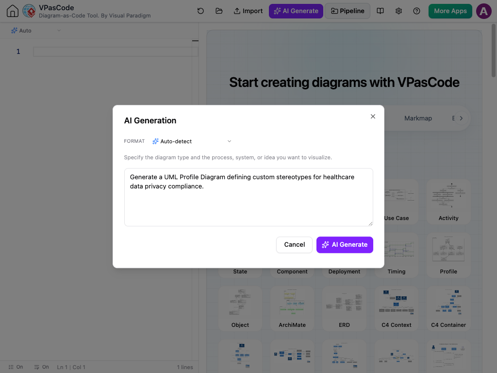 VPasCode AI prompt box generating a healthcare data privacy UML Profile diagram.