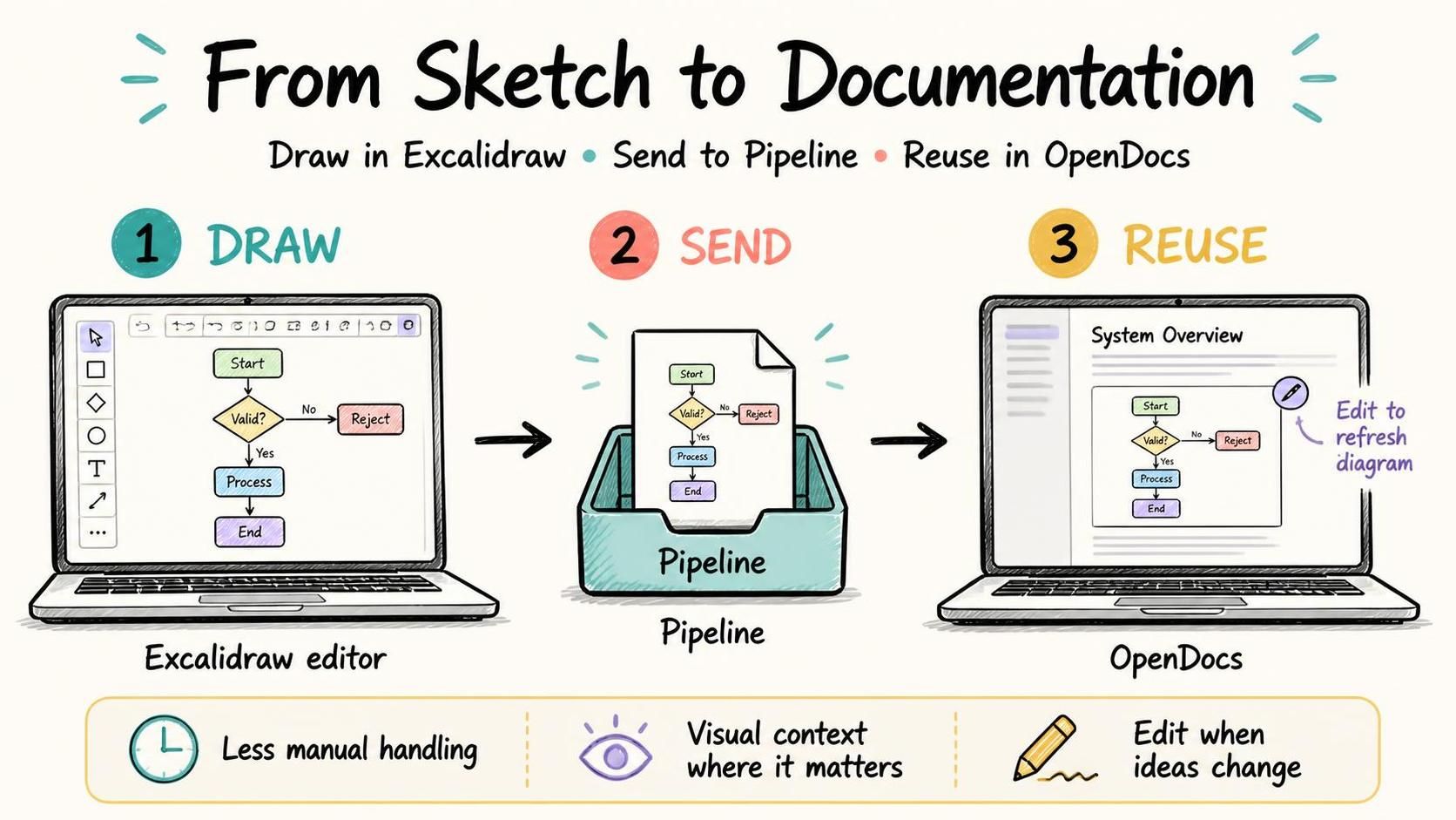 Hand-drawn infographic showing how to create a diagram in Excalidraw, send it to Pipeline, and embed and edit it in an OpenDocs page.