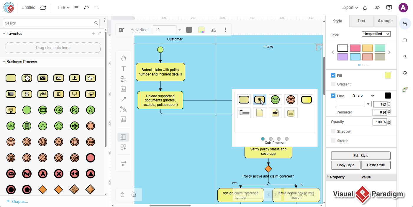 Editing a BPMN diagram in VP Online