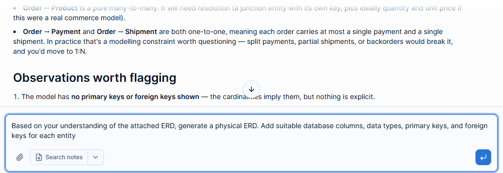 To submit a question that asks AI to generate a physical ERD from a draft, conceptual ERD uploaded