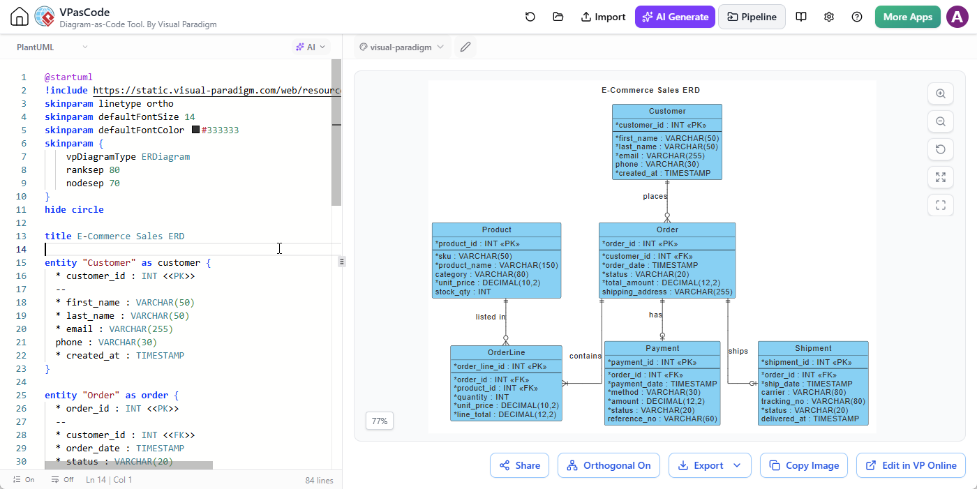 Editing an ERD generated by Visual Paradigm AI Diagramming Chatbot in VPasCode
