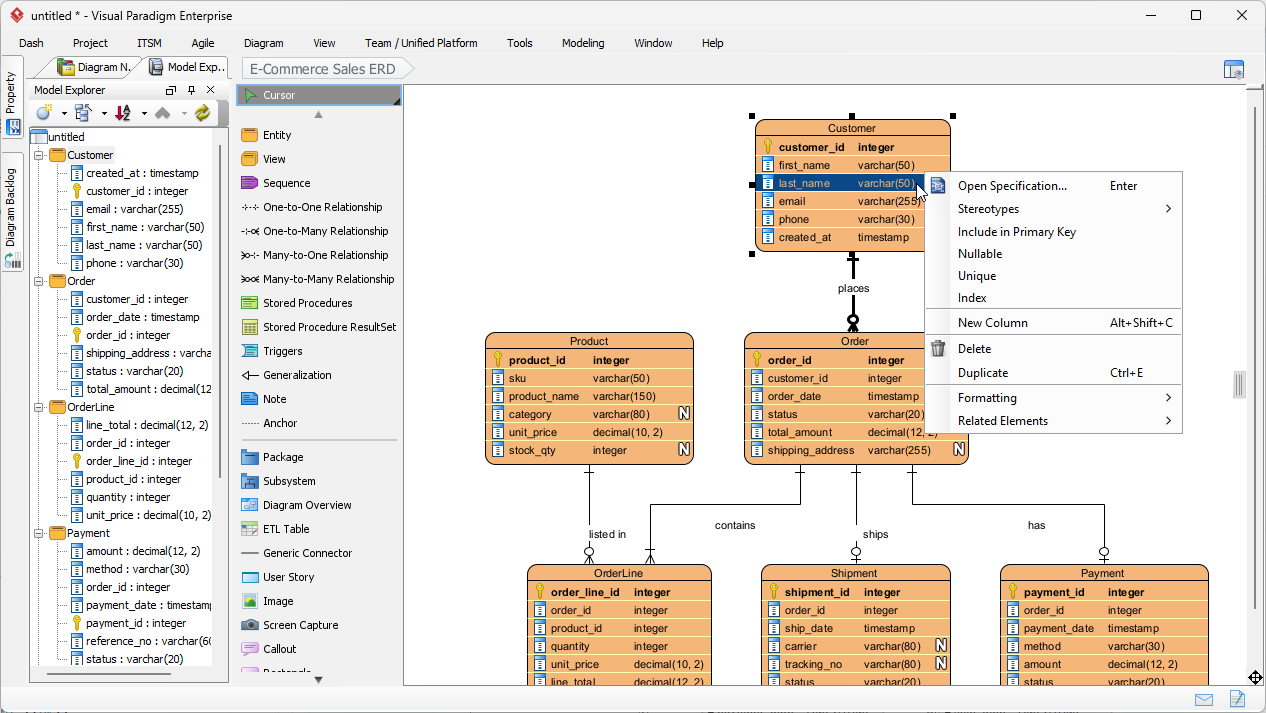 Editing an ERD generated by Visual Paradigm AI Diagramming Chatbot in Visual Paradigm Desktop