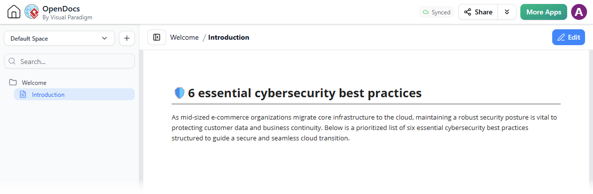 Opening a page about cybersecurity best practices in Visual Paradigm OpenDocs