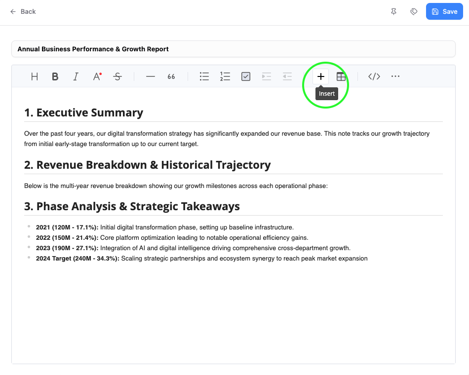 Place cursor in NotesKeep editor and click the plus button to insert an artifact