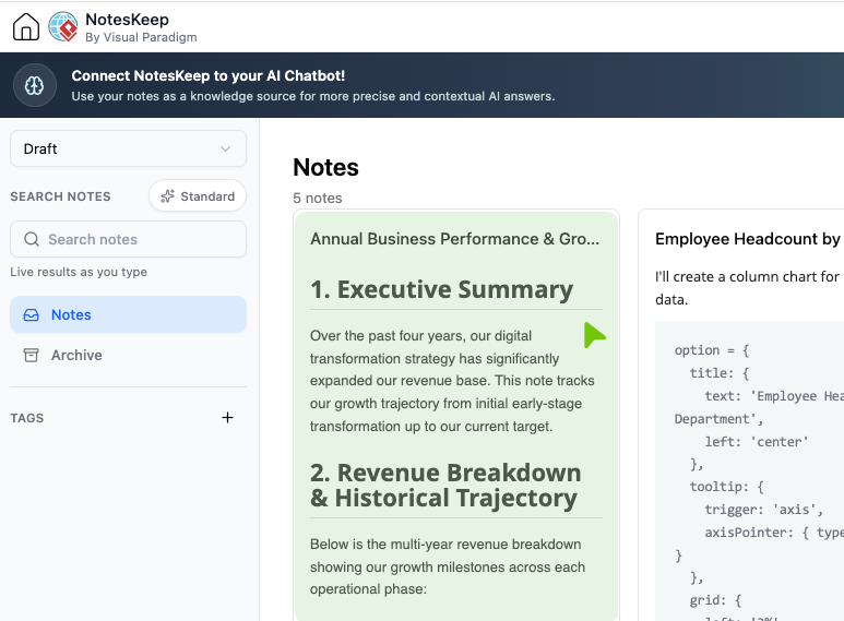 Select a target note card in the NotesKeep workspace to open and edit.