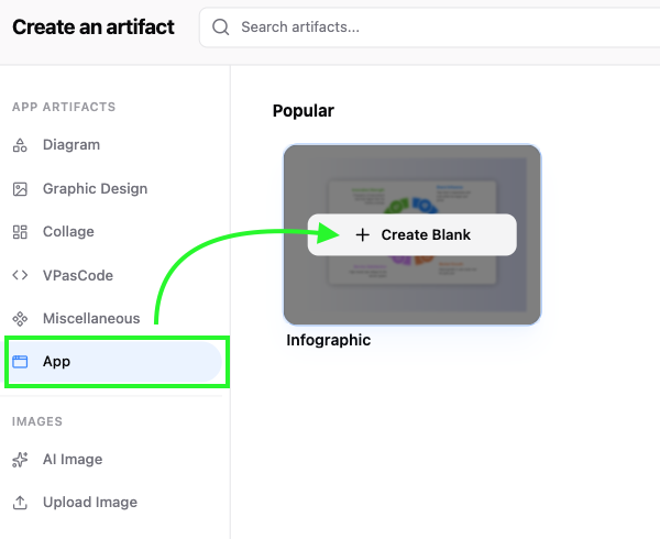 Navigate to App section in the artifact window and select Infographic