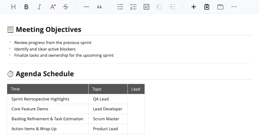 Visual Paradigm OpenDocs editor displaying clean rendered text, bullet points, and a structured table after pasting Markdown.