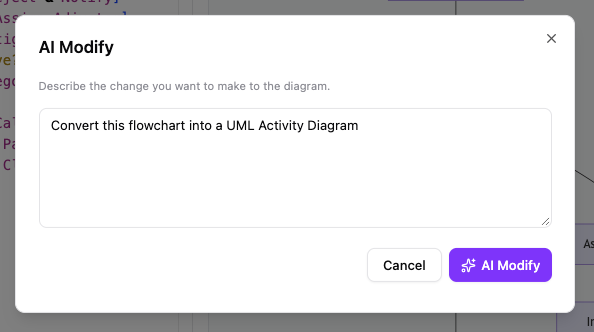 AI Modify dialog box in VPasCode with a prompt to convert a flowchart into a UML Activity Diagram